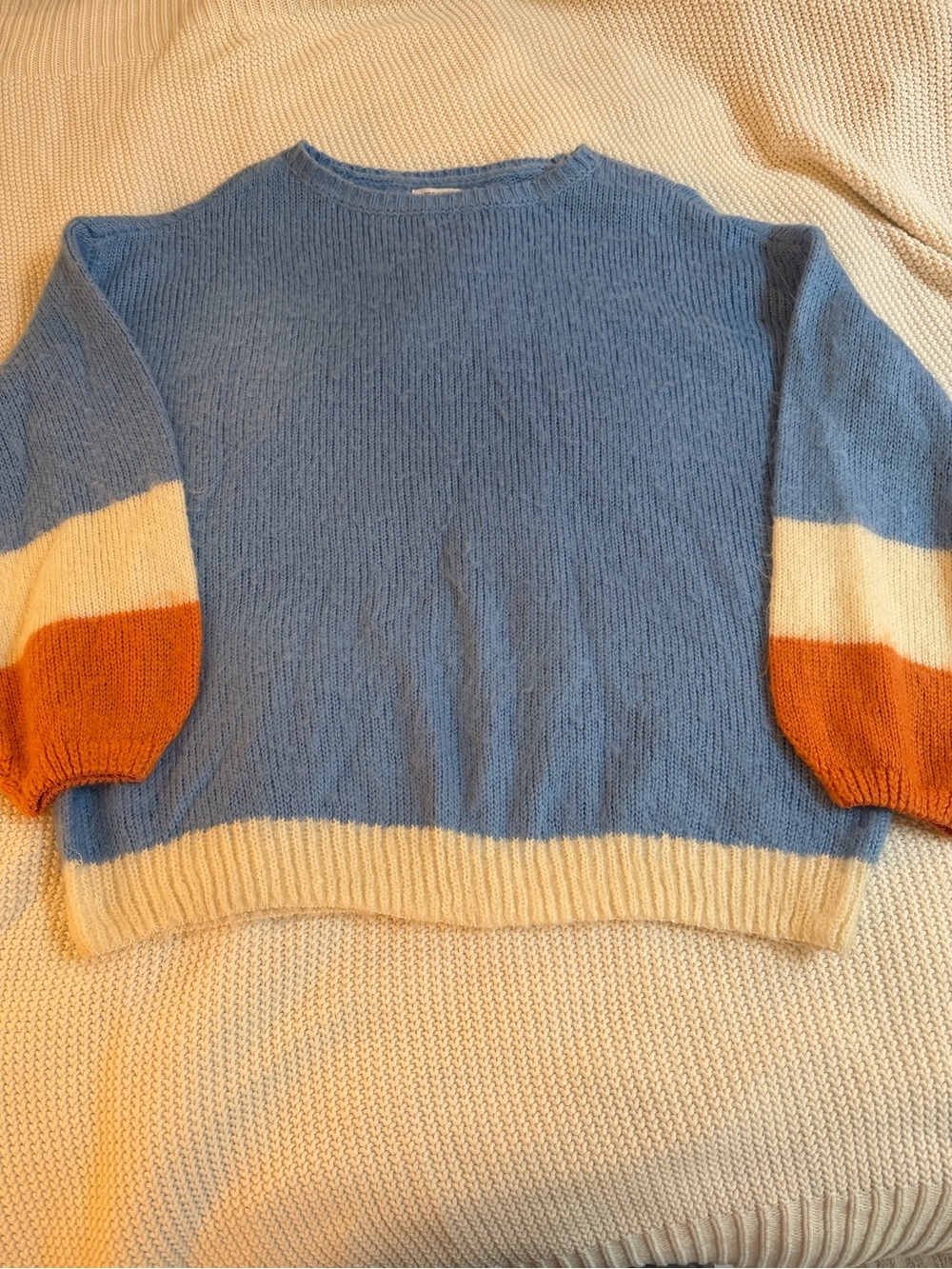 Nine West Blue Crewneck Sweater with Cream and Rust Color Blocks